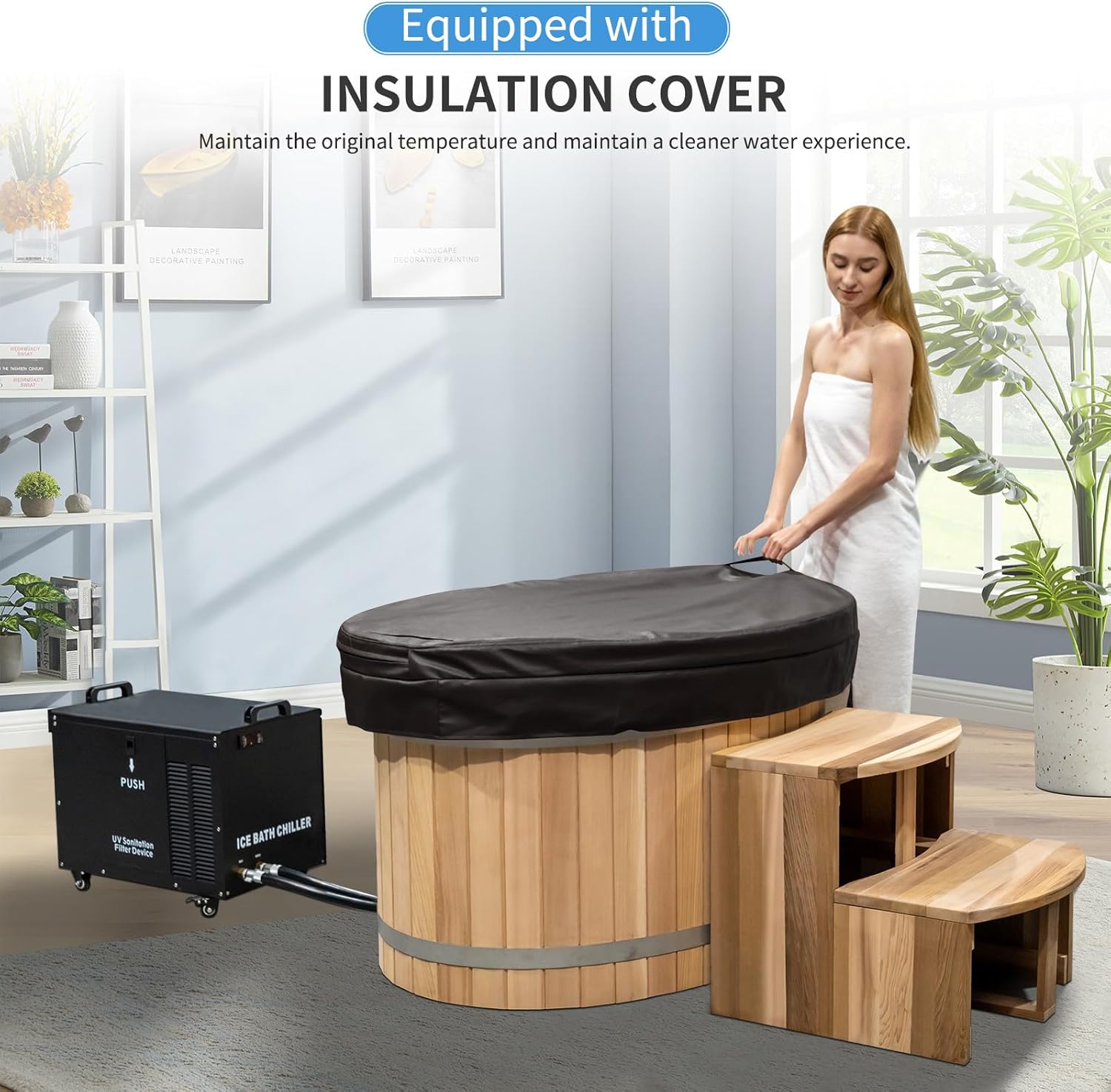 Cold Plunge Tub, 1HP Chiller ETL Certificate, 500L 2 Person,Cooling and Heating System, Canadian Red Cedar, Stainless Steel Base -App Control- Filter - Ozone/UV, Tub Lid (37-107℉)