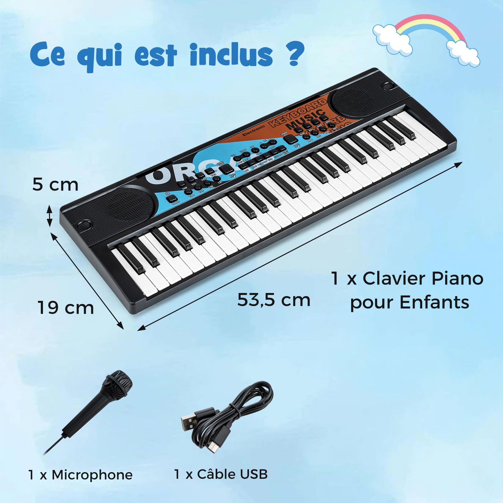 COSTWAY Clavier Piano Enfants 49 Touches avec Microphone, Piano Numérique Portable avec 8 Rythmes, 8 Tonalités, 10 Démos, Haut-parleurs, Jouet Musical Éducatif pour Garçons Filles 3 Ans+ (Noir)
