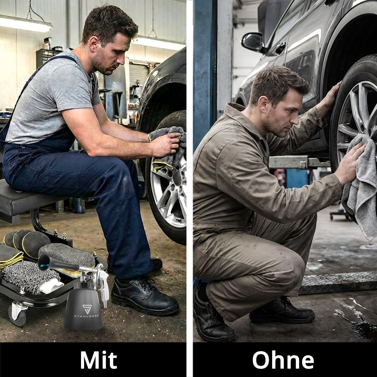 STAHLWERK Werkstatt- und Auto-Detailing-Set 21-teilig | Werkstatthocker 118 kg, Druckluft-Reinigungspistole mit Tornado-Effekt und Autoreinigungs-Set aus Mikrofaser