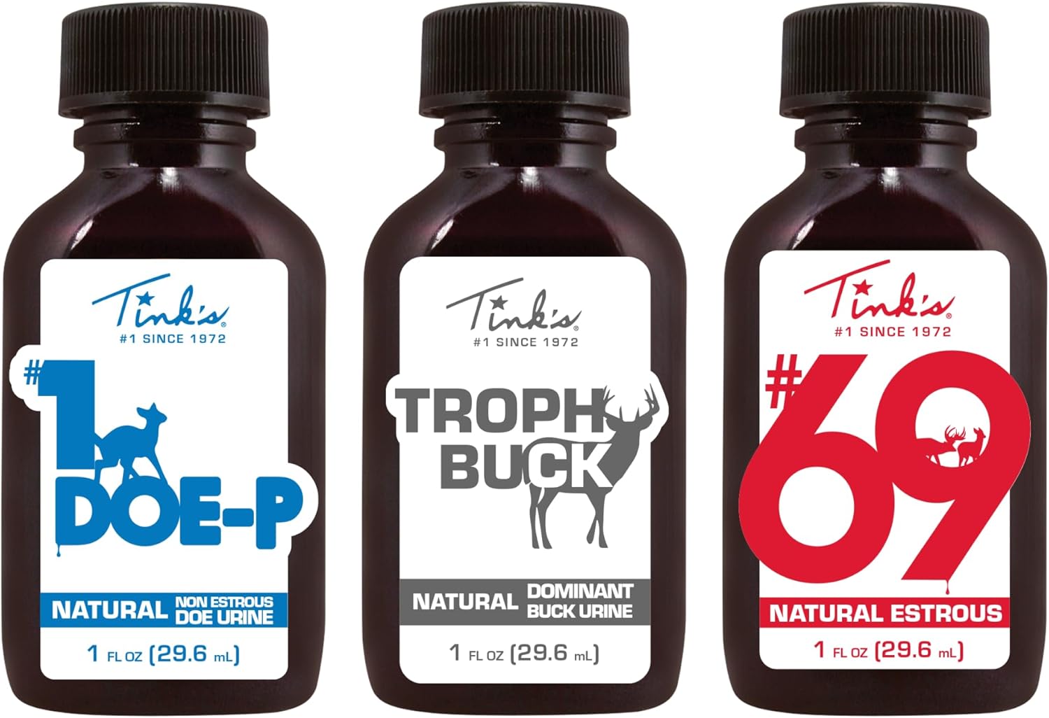 TINK'S Natural Hunt Success Kit | Natural Deer Hunting Lure 69 Doe-in-Rut, #1 Doe-P Calming Non-Estrous, and Peak30 Premium Doe Estrus | 1 fl oz Each