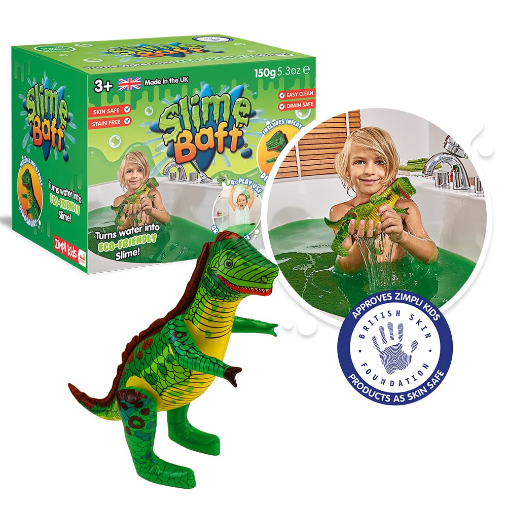 ZIMPLI - Slime Baff Green with Inflatable Dinosaur, 1 Bath or 4 Play Uses, Magically turns water into thick, gooey slime, Dino Toys for Boys age 3+