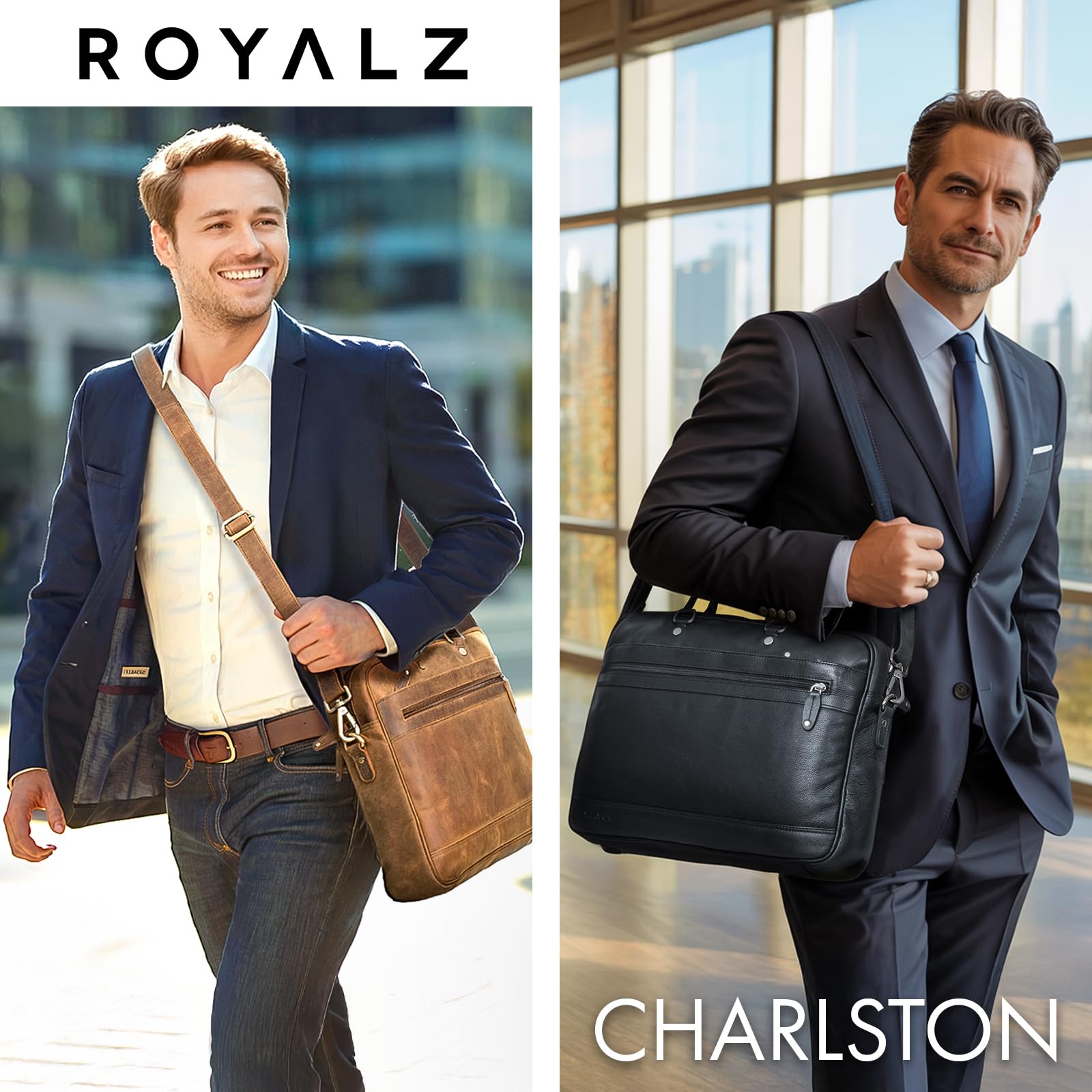 ROYALZ "Charleston” Cartella Ventiquattrore in vera pelle Uomo/Donna Grande - Borsa pc 15.6 pollici Piatta da utilizzare come borsa a mano o Borsa 24 Ore portadocumenti