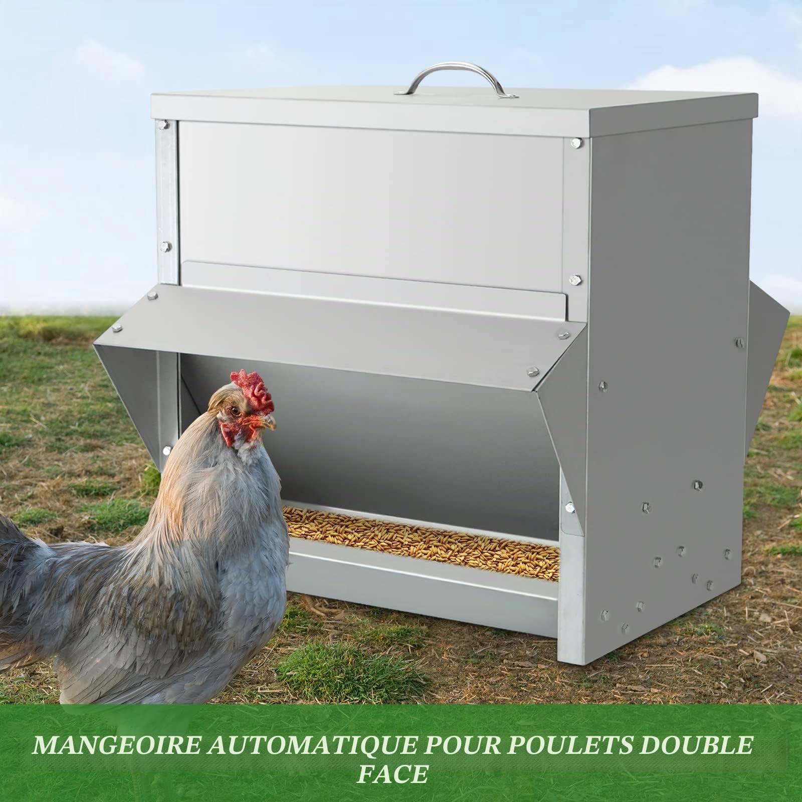 Mangeoire à Poule Automatique 25KG en Acier, Distributeur Graines Poules | Agrainoir Automatique, Anti Pluie, Anti Gaspillage, Accessoire Poulailler