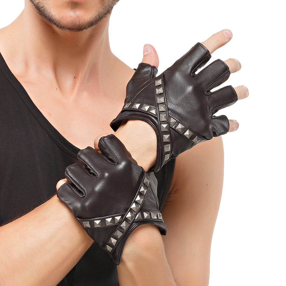 Nappaglo Men's Fingerless Gloves Lambskin Leather Half Finger Rivet Cross Belt Antiskid Driving Cycling Outdoor Gloves (L (Palm Girth:8.5