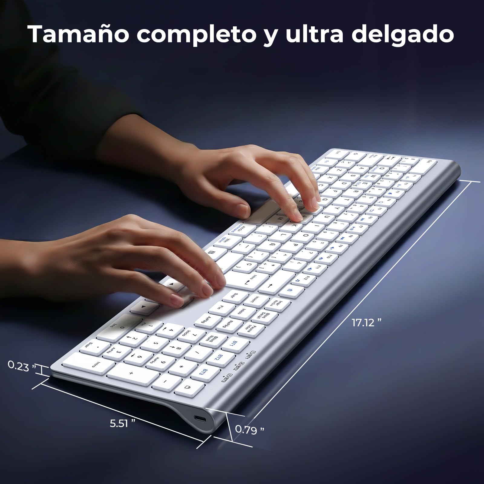 cimetech Teclado Bluetooth Recargable, QWERTY Español Layout, Teclado Inalámbrico EasyTyping Teclado de diseño ergonómico, Ultrafino para Ordenador/PC/portátil/Windows 10(Plata)