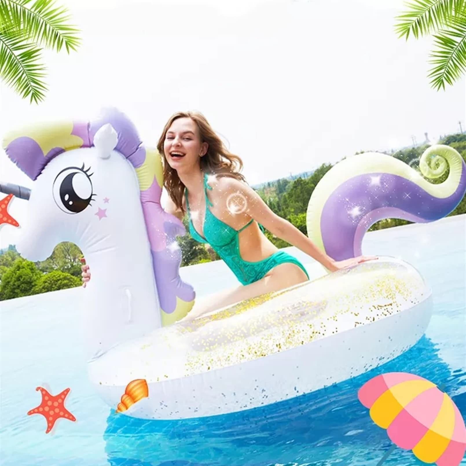AM ANNA Giant Inflatable Unicorn Pool Float with Glitters, Huge Fun Beach Floaties, Ride On Unicorn Raft, Pool Toys, Summer Party Lounge Raft Decorations for Kids Adults 102"x 49"x 43" (Giant)