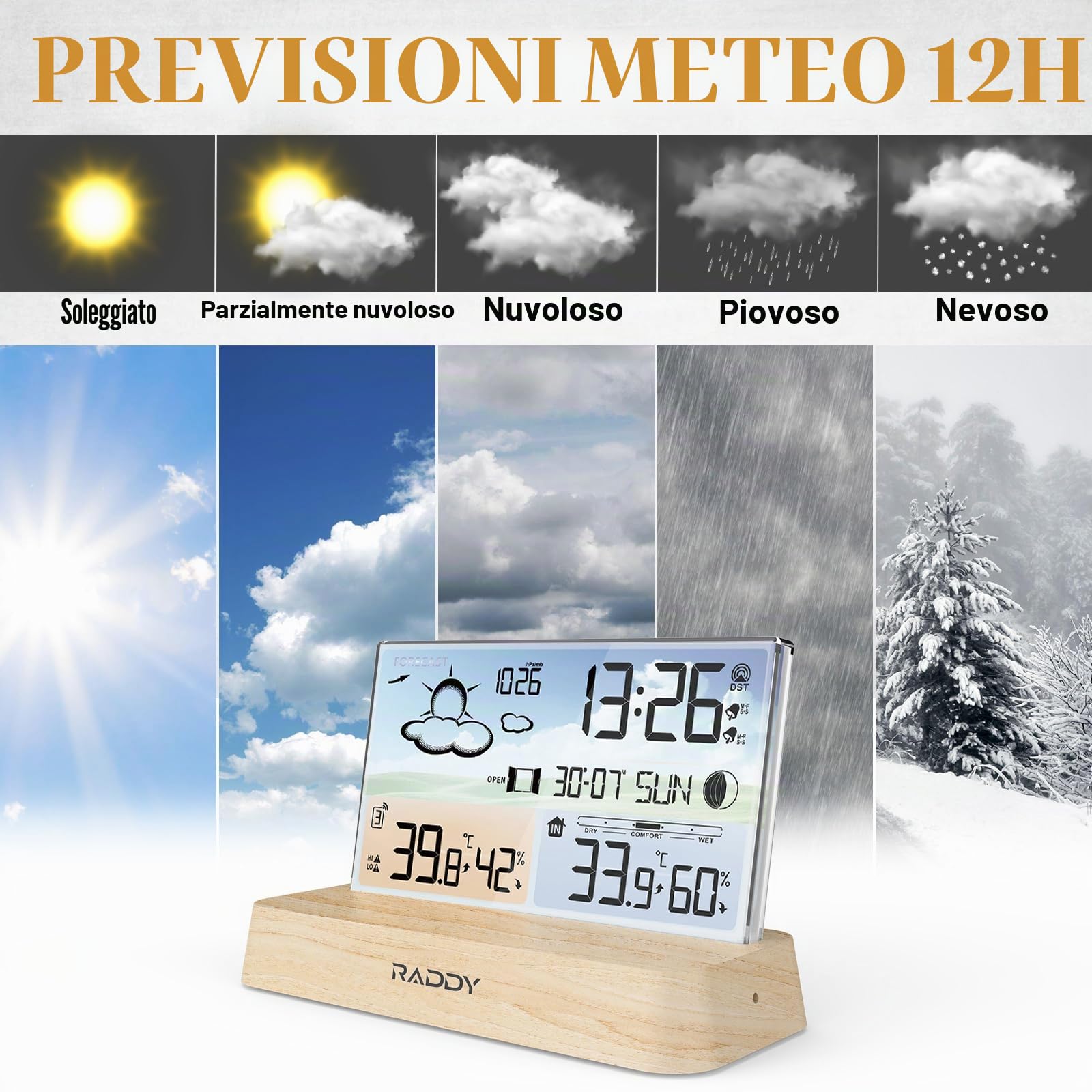 Raddy DT6, stazione meteo per interni ed esterni, orologio radio DCF, display digitale a colori, termometro igrometro, previsioni meteo e barometro
