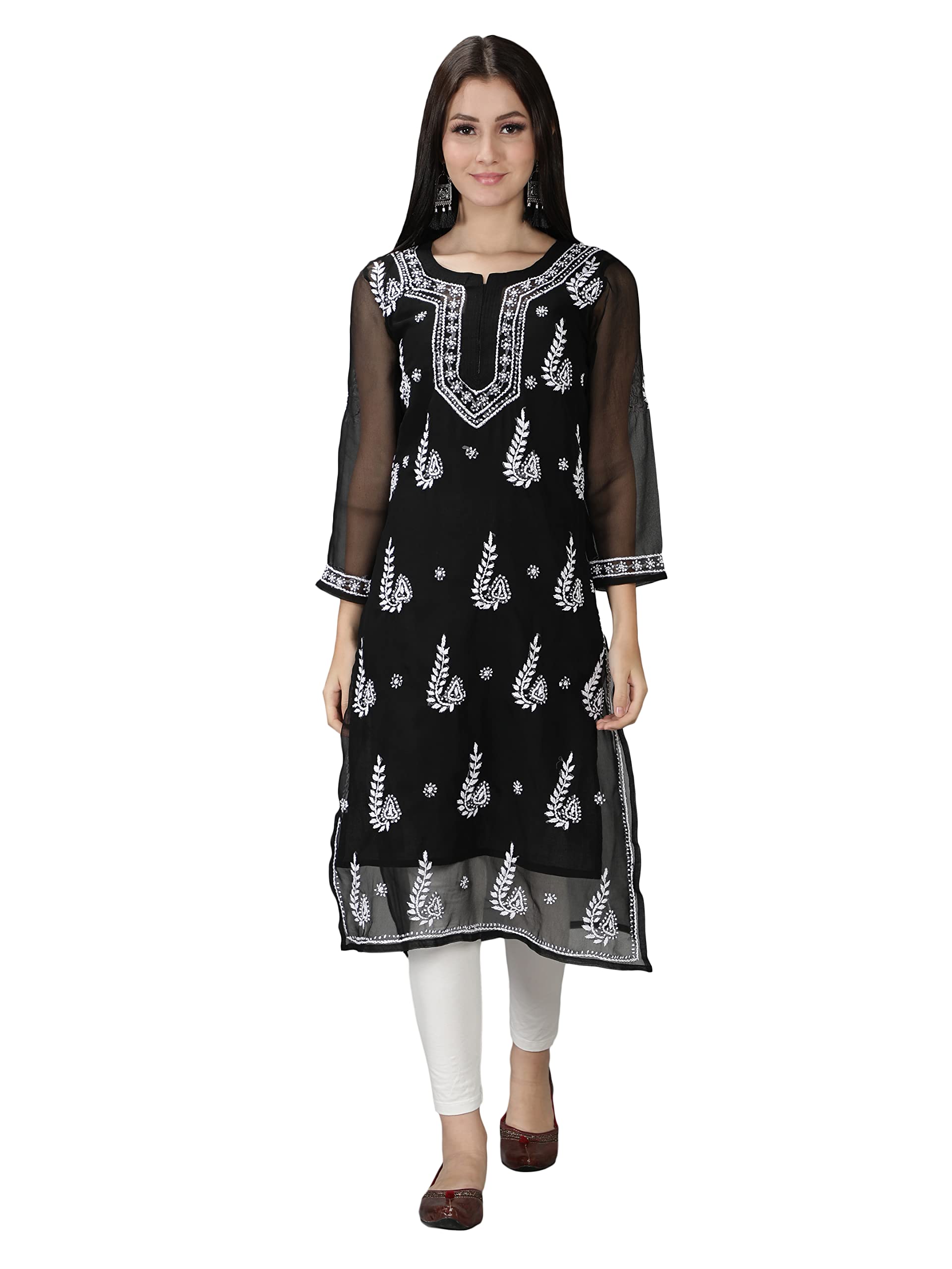 Seva Chikan Hand Embroidered Lucknowi Chikankari Georgette Straight Kurta Kurti for Women's with Cotton Inner Slip