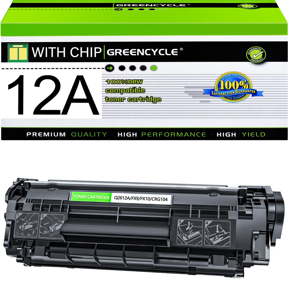greencycle 12A Toner Cartridge Replacement Compatible for HP 12A Q2612A (Black) LaserJet 1010 1012 1018 1020 1022 1022N 3015 3030 3052 3055 M1005 M1319F Printer (Black, 1-Pack)