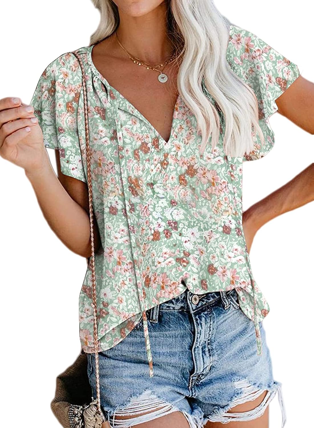 SimpleFun Women's Boho Tops Floral V Neck Short Sleeve Summer Blouse