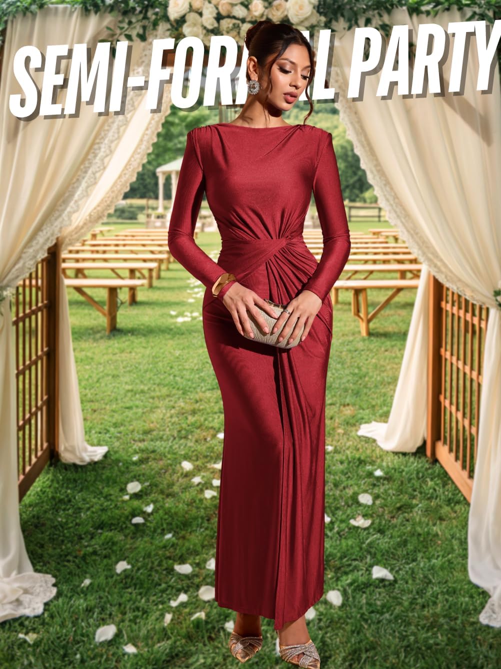 Floor-Length Bodycon Dress, Boat-Neck Ruched, Fall Long Sleeve, Semi-Formal Cocktail Evening-Gowns for Women - Image 5