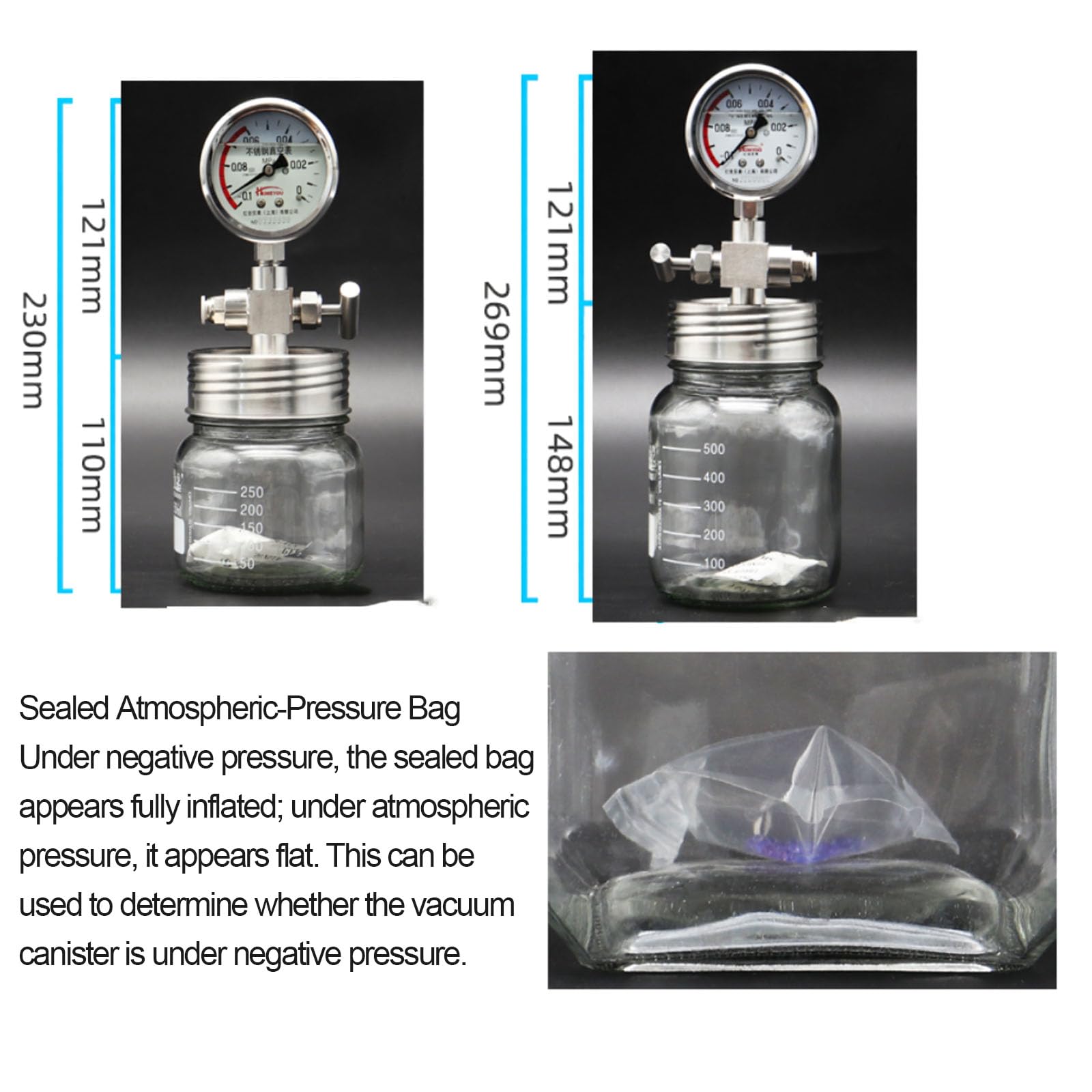 Cámara De Vacío De Vidrio para Laboratorio, Cámara De Desgasificación Al Vacío con Manómetro De Presión Negativa, Mini Secador Portátil, Tanques De Almacenamiento 500ml