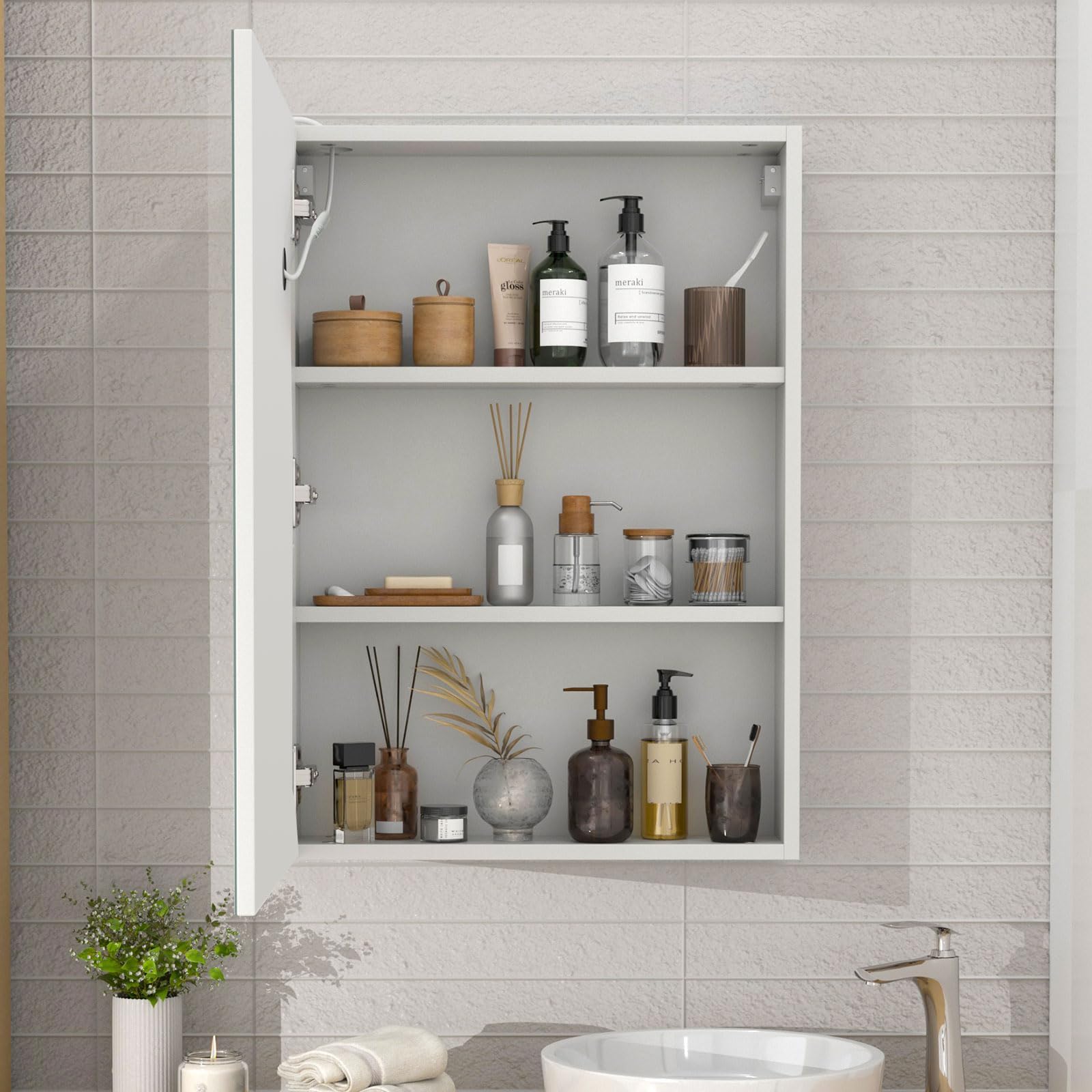 Badezimmer-Medizinschrank mit Lichtern, LED-Medizinschrank mit Spiegel, Spiegelschrank mit Beleuchtung, Dimmer, Smart-Touch-Sensor-Steuerung, 50x70x13 cm