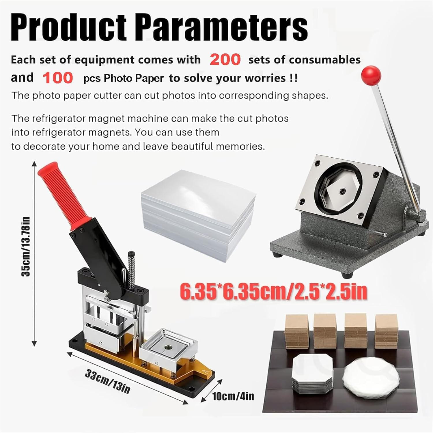 2.5x2.5 Inch Square Magnet Maker Press, 63.5x63.5mm DIY Fridge Photo Magnet Making Machine with Paper Cutter, 200 Magnet Supplies & 100 Sheets Photo Paper