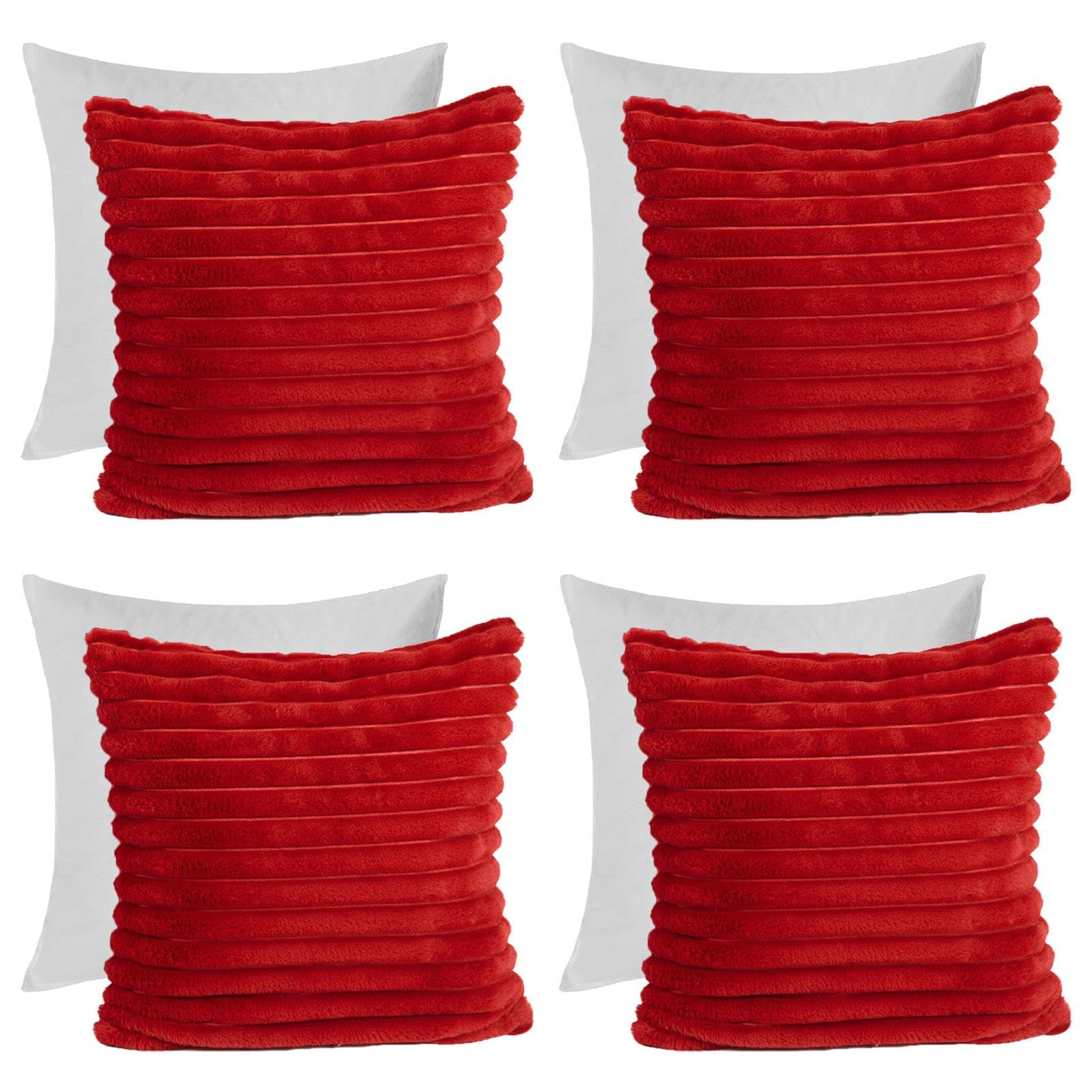 4 x Faux Fur Cushion Covers - Red - 45cm x 45cm - Ribbed Filled Cushions