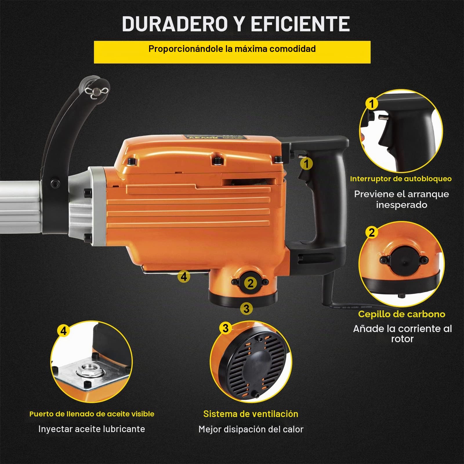 VEVOR Martillo demoledor eléctrico 1500 W 65 A Martillo demoledor con mango ergonómico giratorio a 360° para hormigón, ladrillos, estucos de azulejos, eliminación de cimientos de viviendas