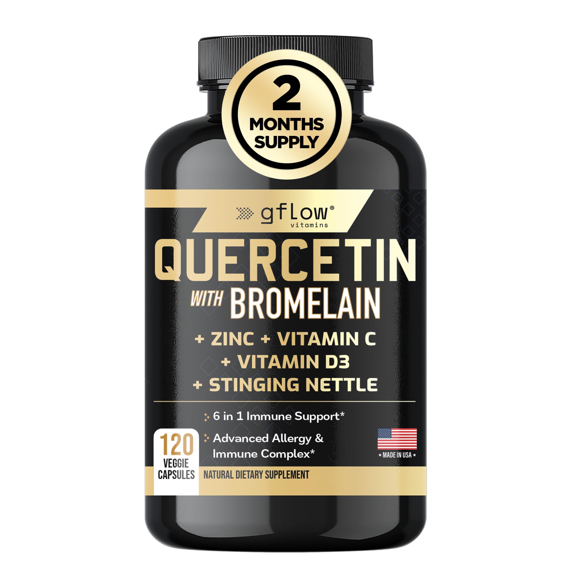 Quercetina con vitamina C y zinc. Quercetina 500 mg. Quercetina con bromelina. Zinc. Quercetina. Ortiga. 120 cápsulas vegetales. Suplementos de quercetina. Vitamina D3. Sin OMG. Sin gluten. Vegano.