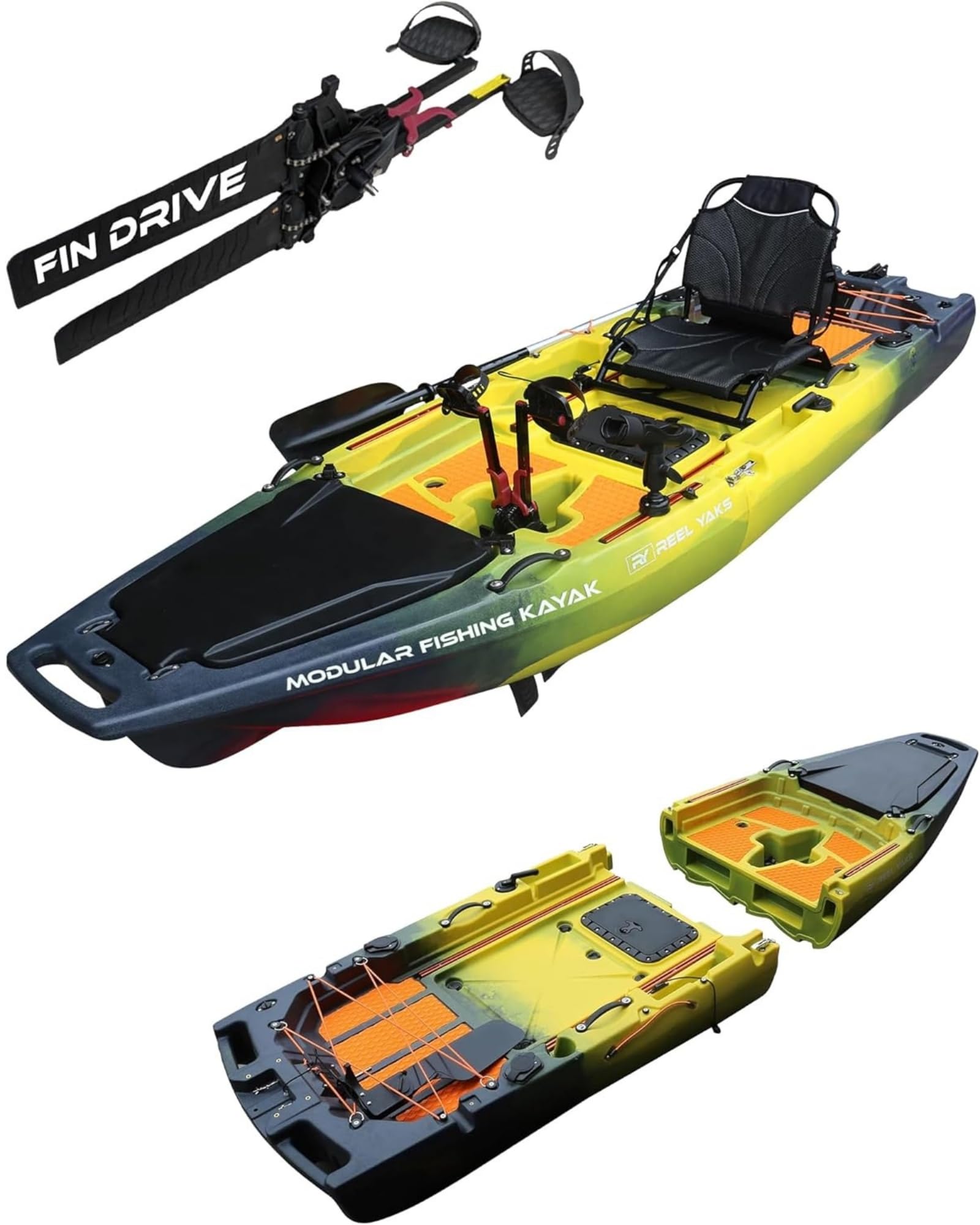 Reel Yaks Rocket Modular Fishing Kayak - 9.8ft, 400 lbs Capacity, Yellow Black - Pedal Fishing Kayaks for Adults & Youth, Sit on Top, Compact Storage, Lightweight, Easy Transport