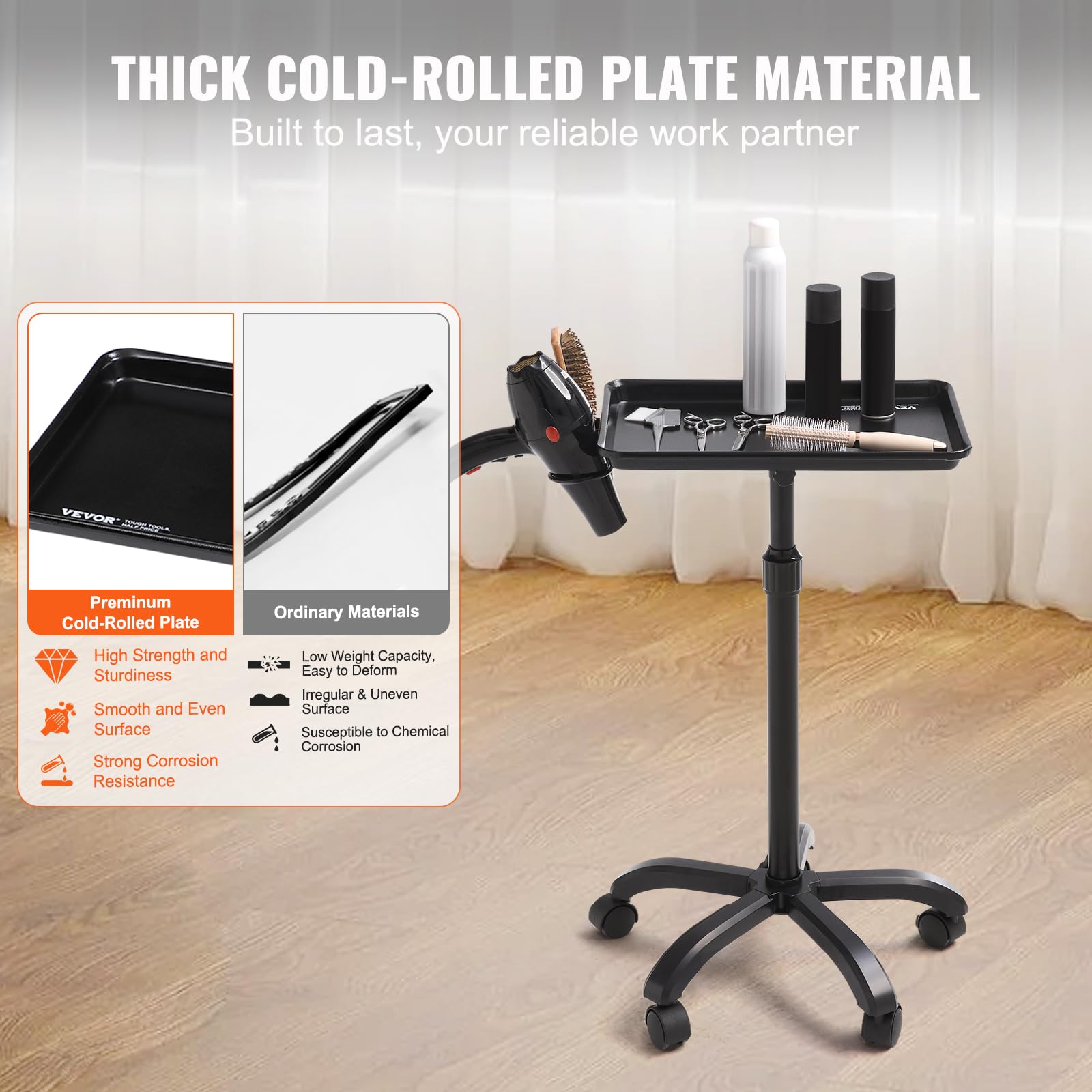 VEVOR Chariot de plateau de salon réglable en hauteur 30"-43", plateau de tatouage roulant en plaque laminée à froid, 5 roues (2 verrouillables), noir