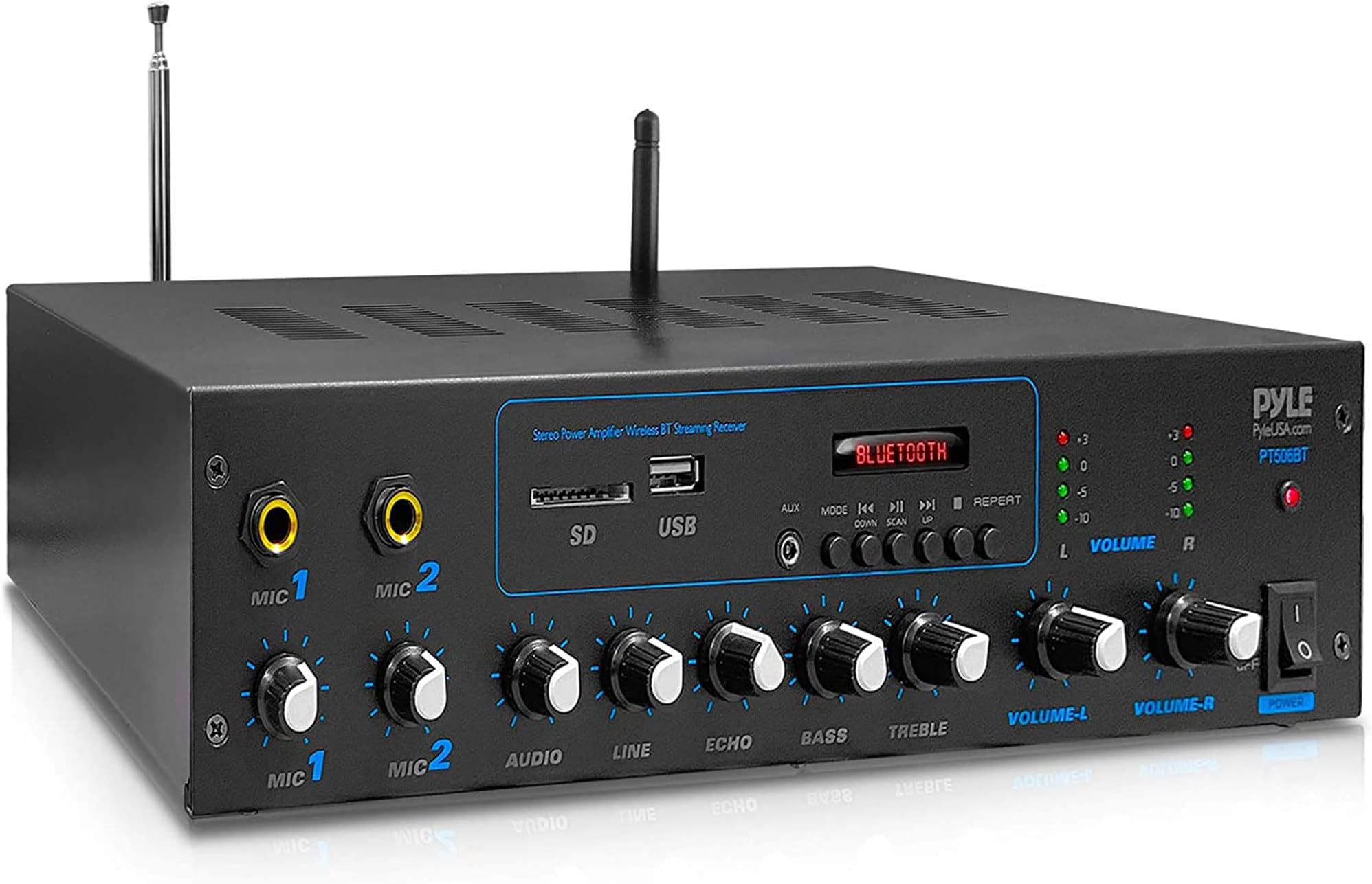 Professional Powered Amplifier & Bluetooth Receiver Stereo Audio System, FM Radio, (2) 1/4'' Microphone Input Jacks, MP3/USB/SD/AUX Playback, LCD Display ID3 Tag Readout 600 Watt - PT506BT.5