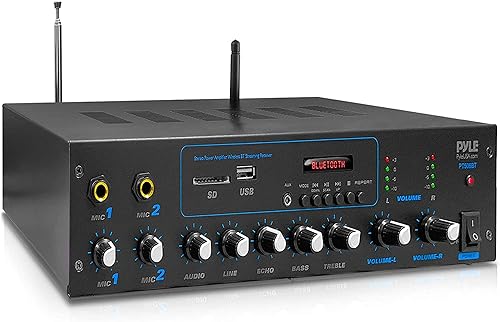 Pyle Amplificador profesional y receptor Bluetooth sistema de audio estéreo, radio FM, (2) tomas de entrada de micrófono de 1/4 pulgadas,