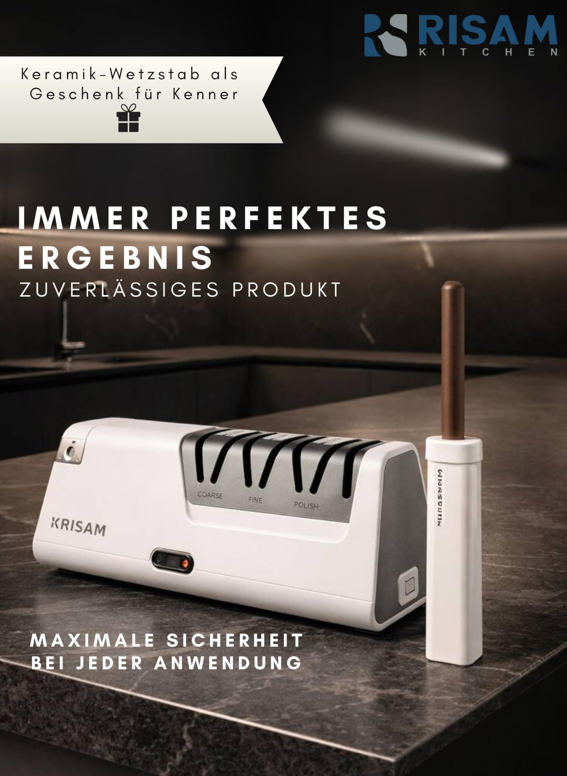 RISAM Elektrischer Messerschärfer 3-Stufen Schleifsystem für Küchenmesser & Keramikmesser Weiß