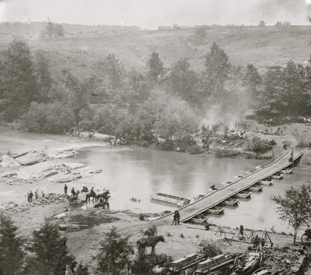 Jericho Mills Va Canvas pontoon bridge across the North Anna constructed by the 50th New York Engineers the 5th Corps under Gen Gouverneur K Warren crossed here on the 23d View from the north bank Pos