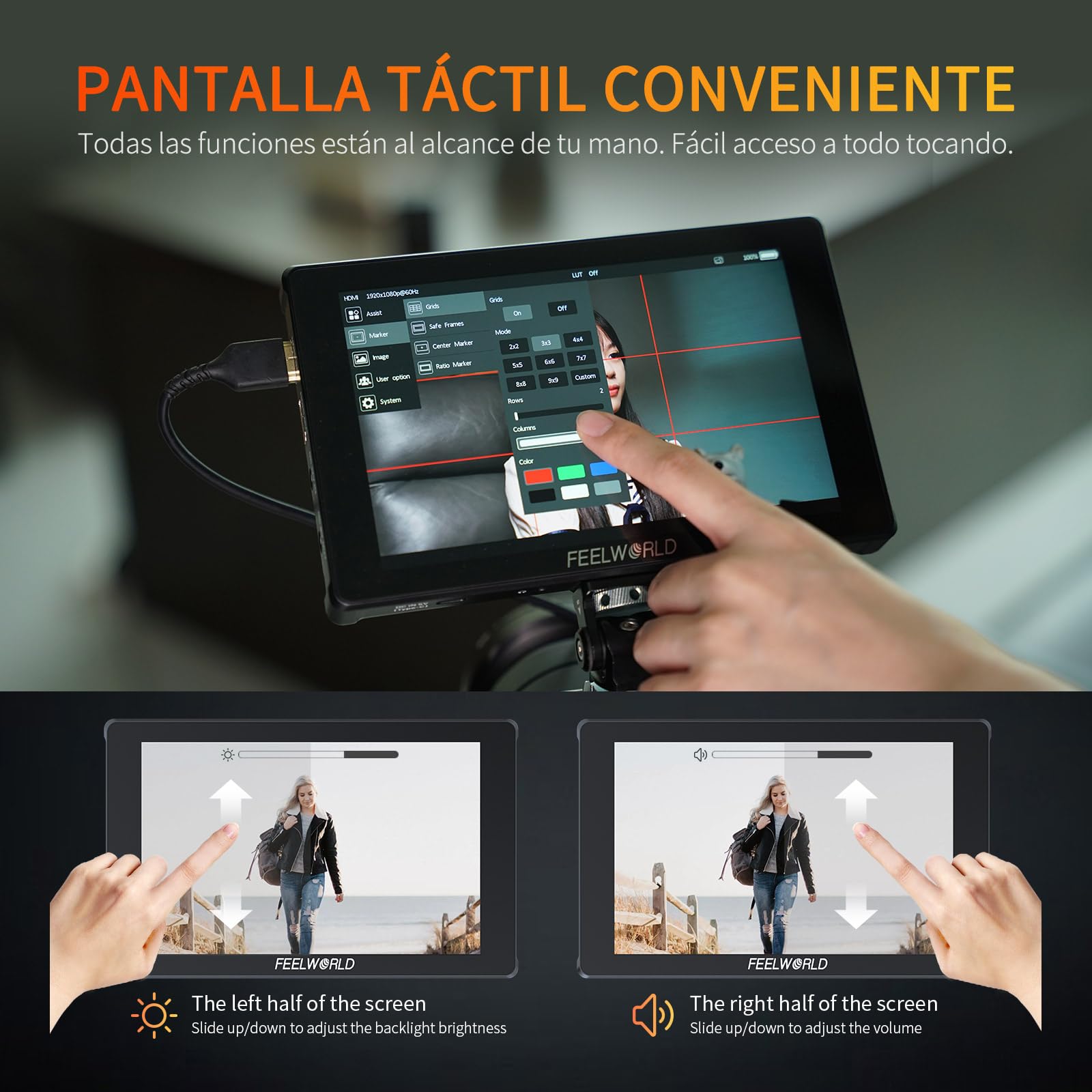 FEELWORLD F7 Plus Monitor de Campo para Cámara DSLR de 7 Pulgadas 1200nit Pantalla Táctil con 3D Lut F970 Alimentación Externa Kit de Instalación 1920x1200 4K 60Hz Entrada y Salida HDMI