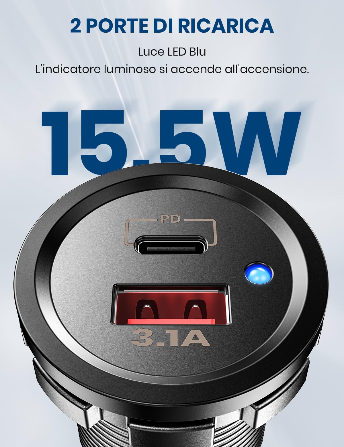 Adattatore USB-C per Accendisigari 15,5W - Presa Auto 12V/24V, 5V/1A & 5V/2,1A PD - Caricatore per iPhone, Samsung Galaxy, Huawei, Xiaomi, Sony con Spia Luminosa Blu (15.5W PD+USB)