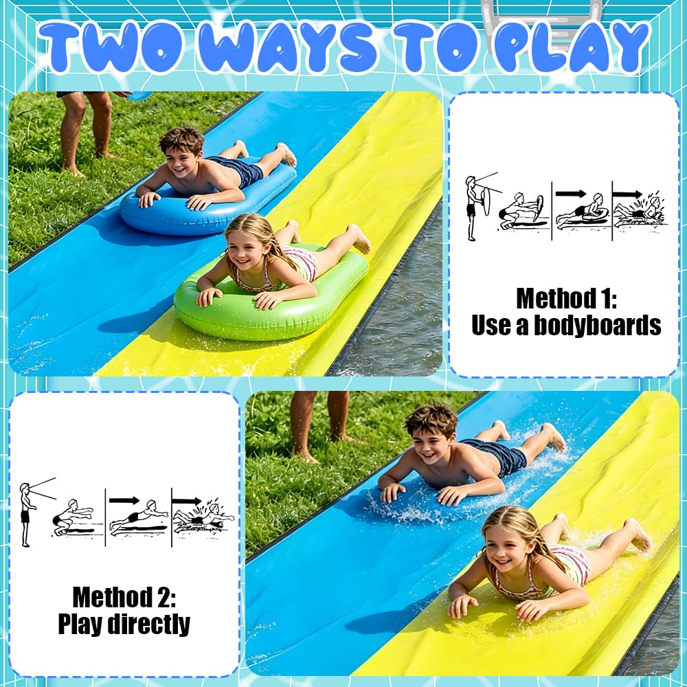 Wasserrutsche Garten 480x140 cm Doppelrutsche mit eingebautem Sprinkler Double Water Slide 2 Bodyboards