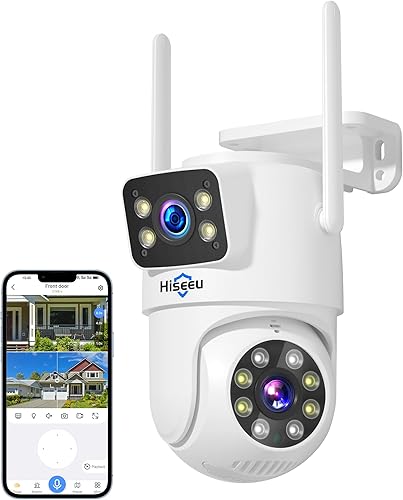 Hiseeu Cámara de seguridad WiFi de doble lente 5G2.4G WiFi PTZ cámara al aire libre, cable de alimentación, seguimiento de movimiento impermeable