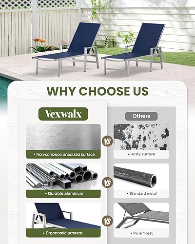 Miniatura 7 de Tumbona para patio al aire libre con ruedas y reposabrazos, sillas de aluminio para piscina reclinables ajustables de 5 posiciones, sillas de playa