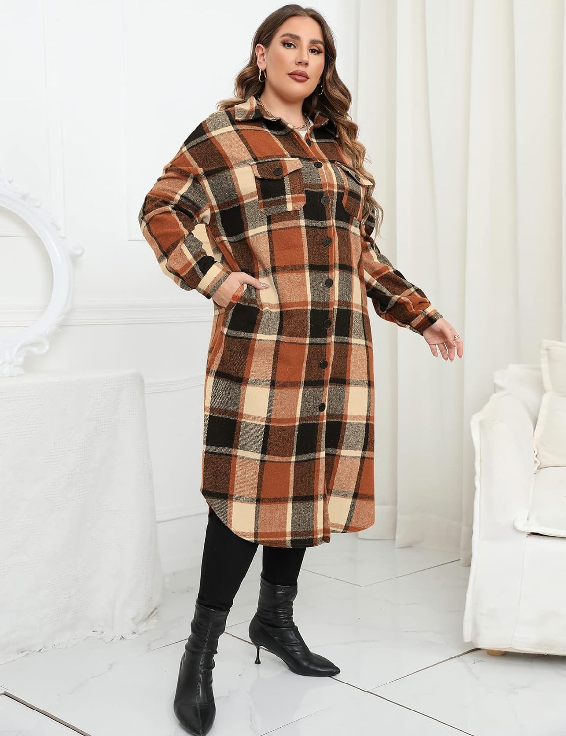 ZOMVA 2025 Women's 0X-5X Plus Size Long Flannel Plaid Shacket Jacket Oversized Button Down Coats Shirts with Pockets - Image 5