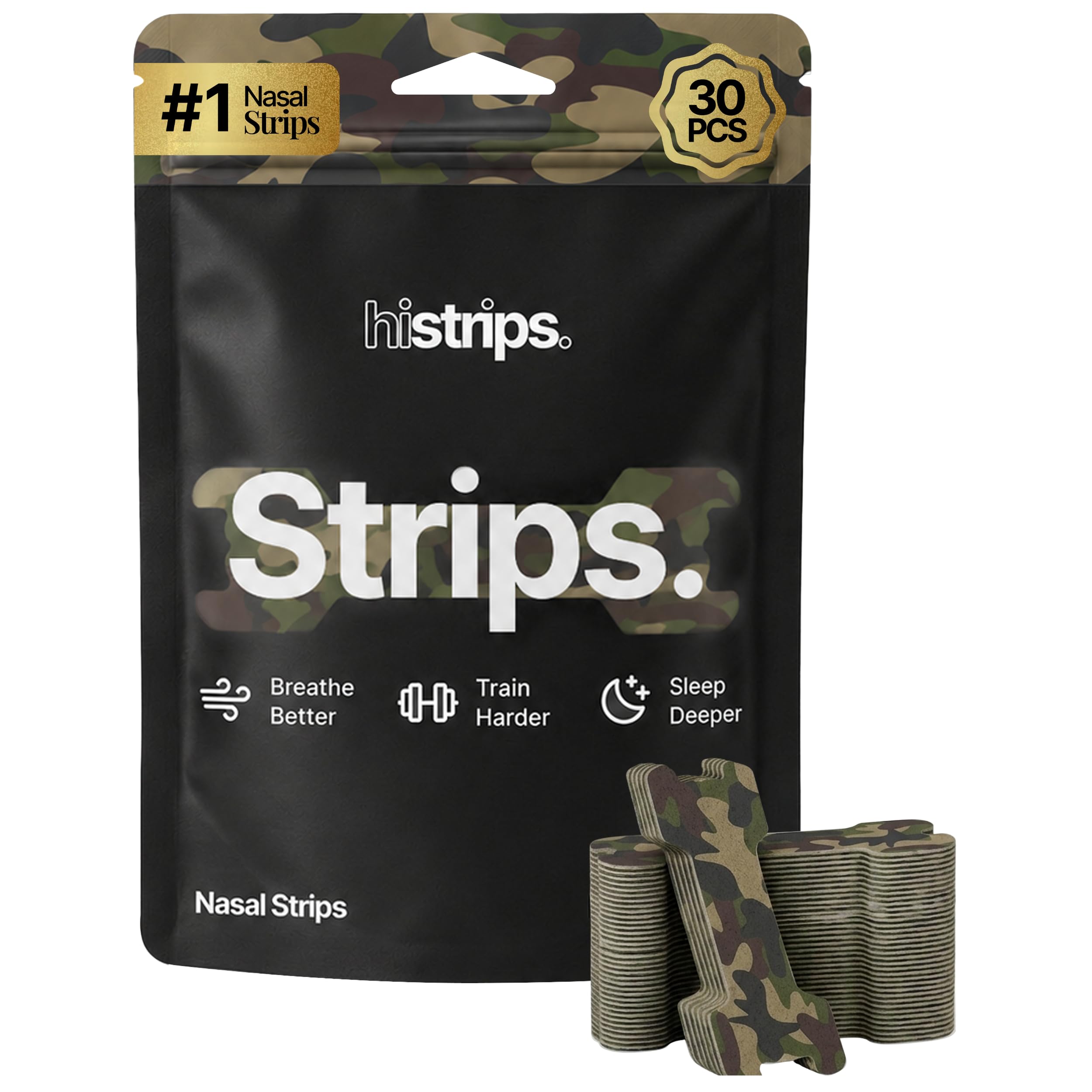 HiStrips High Performance Nasal Strips, Sweat-Proof, Camo, 30 Count