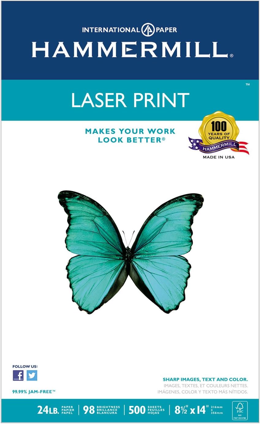 Hammermill 104612 Laser Print Office Paper, 98 Brightness, 24Lb, 8-1/2 X 14, White, 500 Sheets/Rm : Office Products