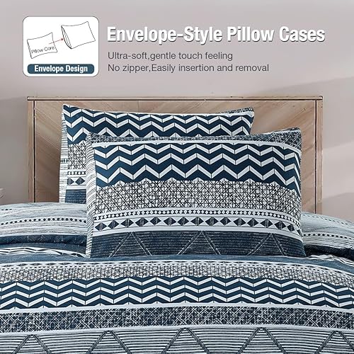 Miniatura 6 de Lekesky Juego de funda de edredón tamaño King, de microfibra suave, bohemio, azteca, azul, bohemio, con cierre de cremallera, lazos en las esquinas