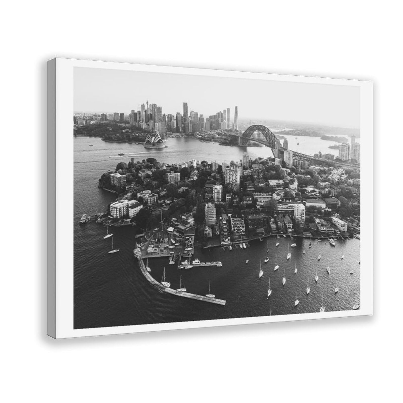 HEYANM Sydney Harbour Black And White Aerial Print Canvas Poster Bedroom Office Room Decor Gift Frame 24x36inch