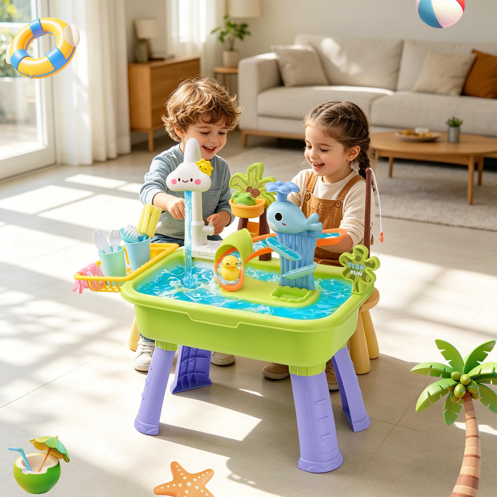 Fregadero de Juego 4 en 1 con Agua Corriente, Mesa de Agua para Niños con Pesca y Tobogán, Juguete Sensorial de Verano para Exterior