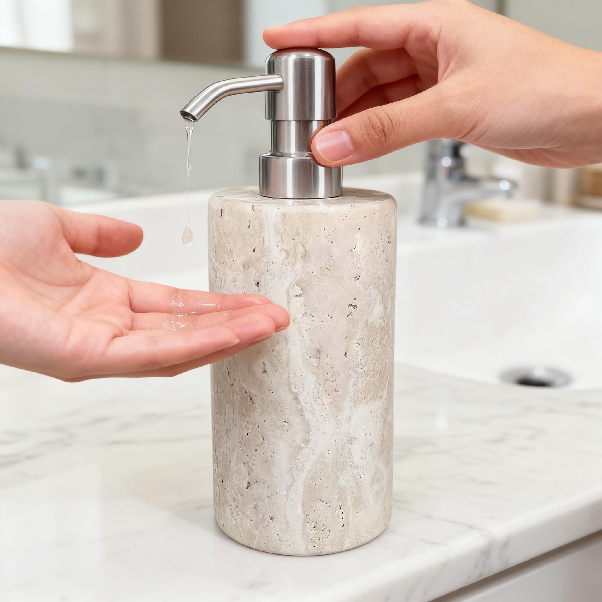 Dispensador de jabón de mármol travertino natural con bomba de acero inoxidable, botellas de jabón líquido de loción de mármol para cocina y baño