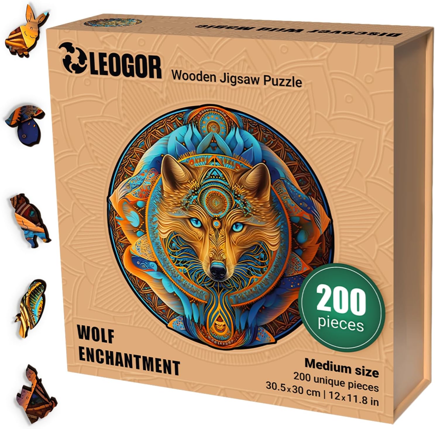 LEOGOR Wooden Jigsaw Puzzles for Adults (12 × 11.8 in), 200 Piece Wolf Puzzle with Unique Mosaic Shapes, Extra-Thick 5 mm Wood, Challenging Round Brain Teaser, Premium Gift for Adults