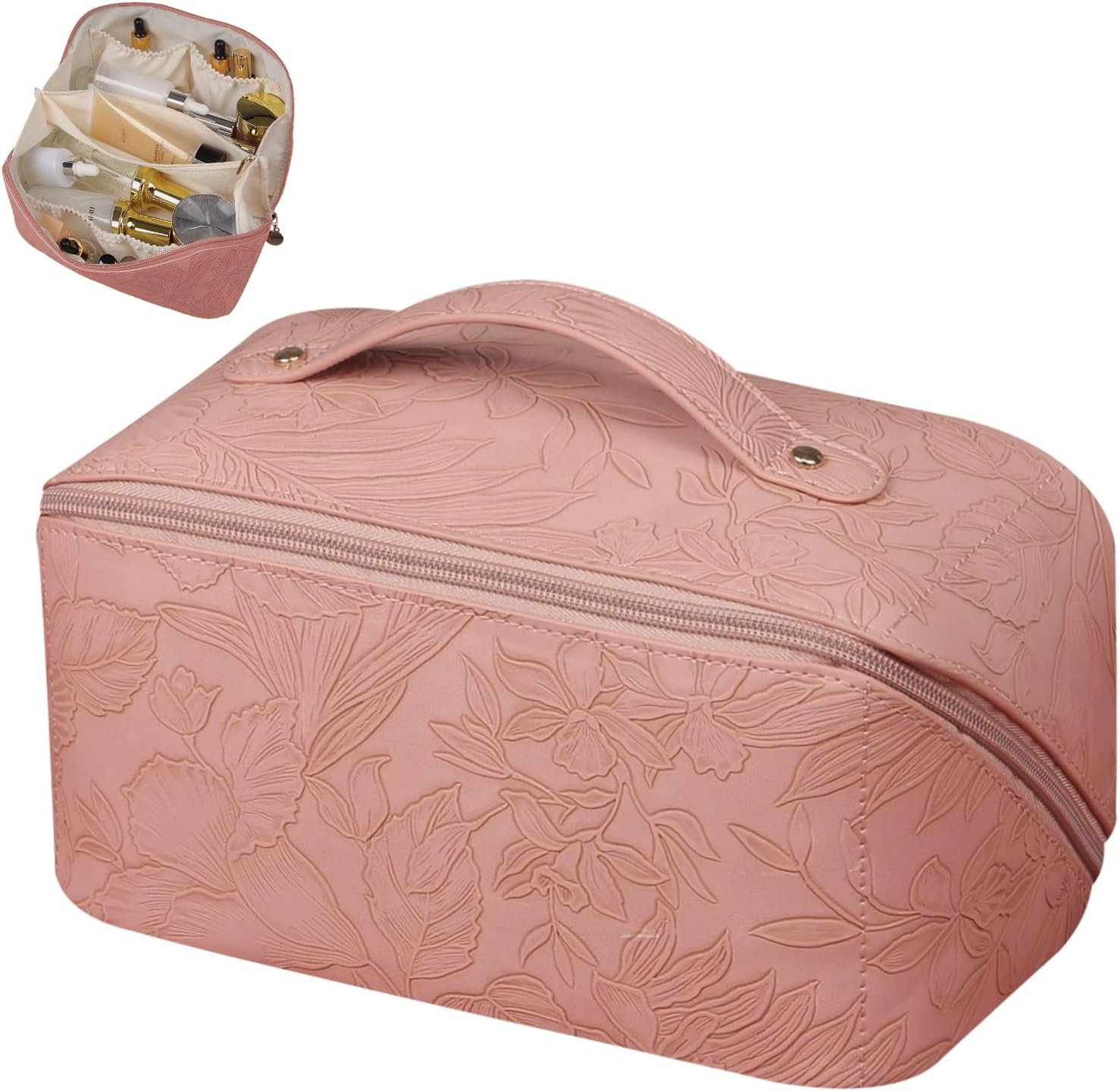 Large Capacity Travel Cosmetic Bag with Compartment, Waterproof PU Leather Portable Flower Makeup Organizer Bag for Women and Girls - Khaki