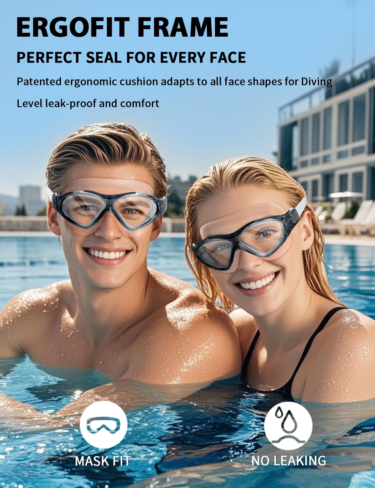 Occhialini da nuoto per adulti, in silicone liquido, anti appannamento, per uomini e donne, con anti-appannamento/UV e visione chiara a 180°