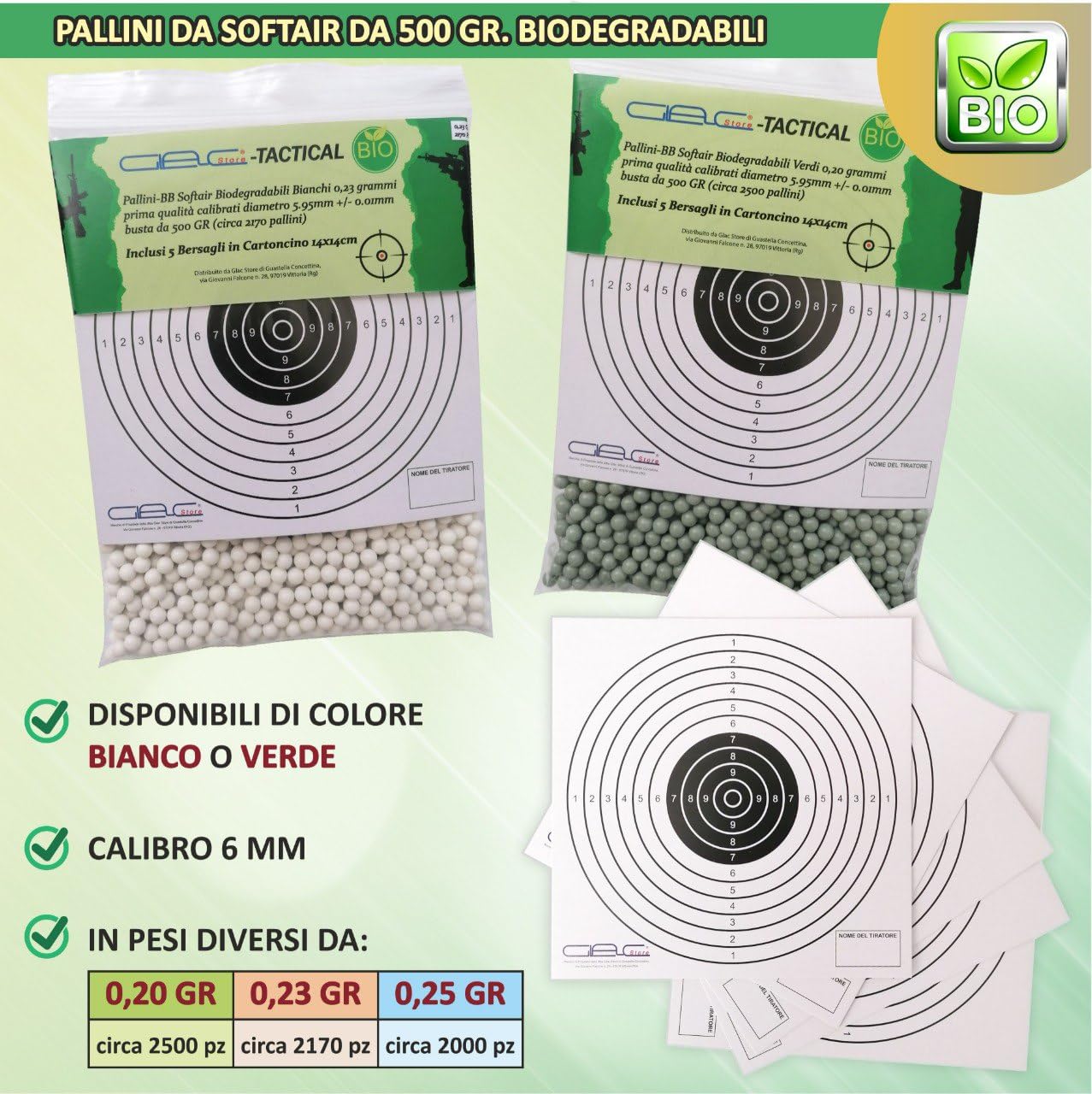 Pallini BB in Busta Biodegradabili Bio 500gr da 6mm per Softair Verdi Bianchi 0,20 0,23 0,25 Grammi con 5 Bersagli in Cartoncino 14x14 - 2