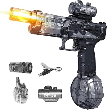 Bornoon Electric Water Gun, Continuous Fire Type, Electric Water Gun, Luminous, 16.9 fl oz 500 ml Water Reservoir Tank, 26.8 - 32.8 ft 8 - 10 m, Leak-Proof, Water Play Toy, For Kids, Adults, Summer Festivals, Summer Holiday, Summer Classic, Birthday, Gift Black