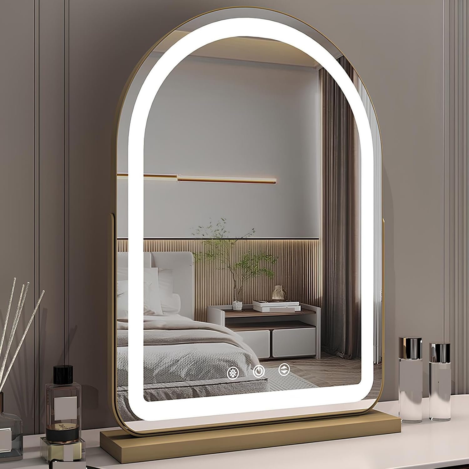 Arched Lighted Makeup Mirror, Large Vanity Mirrors LED, Three Color Modes, Smart Touch Control, 360°Rotation, Table Mirror with Light for Bedroom, Dressing Table(Gold,52 * 74cm/20.4 * 29.1in)