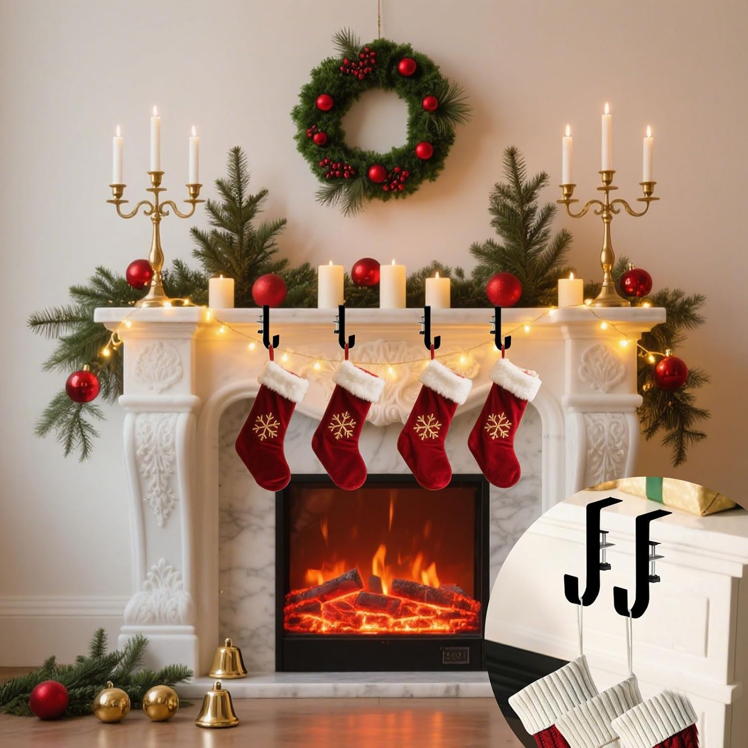 KISOY Fireplace Stocking and Garland Hanger Adjustable Fireplace Mantel Stocking Holder and Garland Hanger, Black Metal, Multi-Hook Design for Christmas Decorations (“J”-Letter Style, 2)