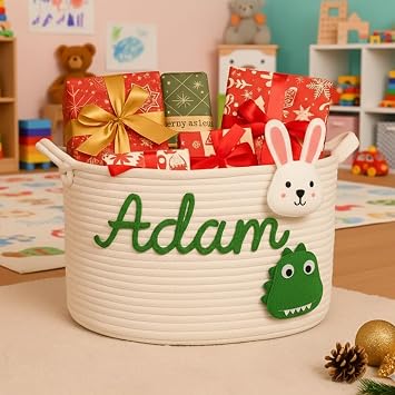 Personalized Baby Shower Basket with Name - Custom Christmas Gift Basket - Newborn Baby Gift Basket, Childrens Toy Storage Box, Rope Cotton Bag, Nursery Storage, Small Diaper Caddy Organizer