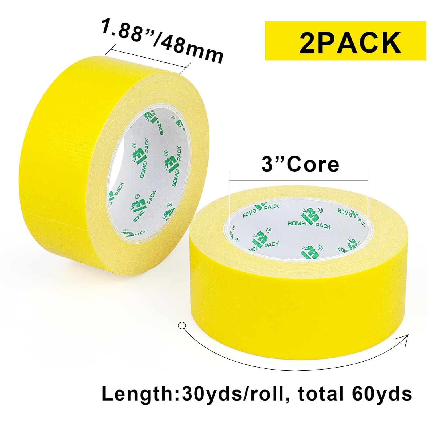 BOMEI PACK Light Yellow Duct Tape, 2Rolls Heavy Duty Strong Industrial Color Duct Tape 9.0 mil x 1.88inch x 30yds for Packing and Repairing