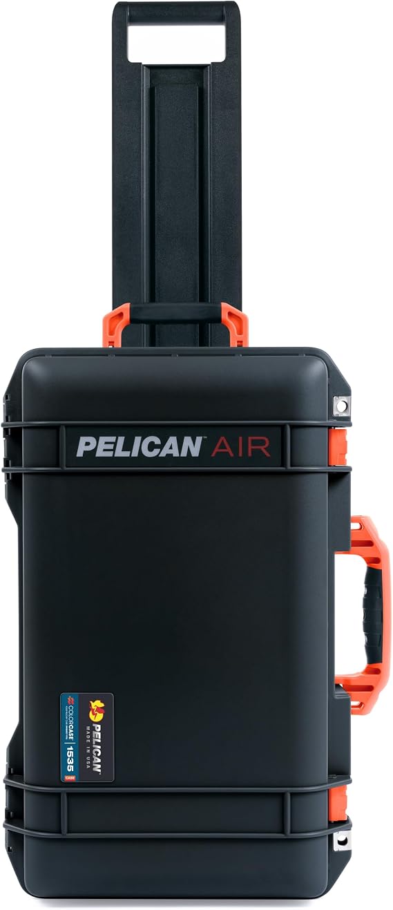 Pelican Air 1535 Carry-on Case by ColorCase - Black - Medium Size Waterproof Case with Gray Padded Microfiber Dividers & Mesh Lid Organizer - Orange Handles & Latches