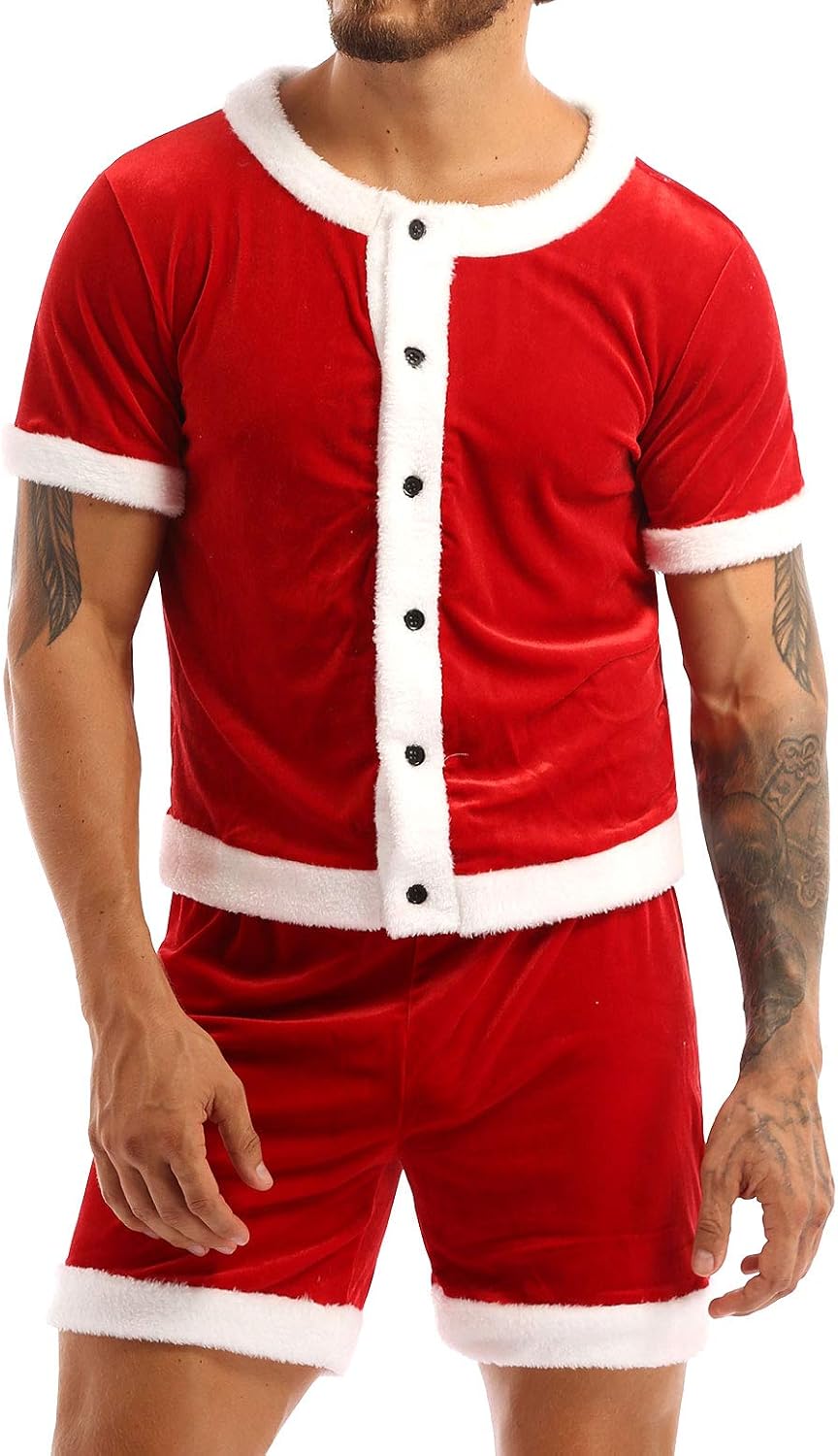 Agoky Men's Velvet Christmas Party Costume Button Down Short Sleeve Shirt Tops with Boxer Shorts Underwear